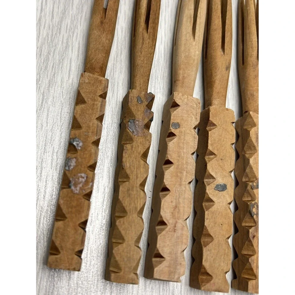 Vintage Mini Wooden Cannibal Forks Collectible Hors D Oeuvre Party Lot Of 9